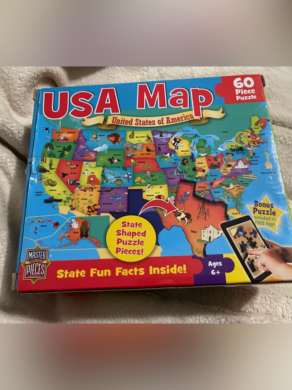 USA Map 60-Piece Kids Puzzle - Colorful Blue Box 16.5 “x 12.75 “